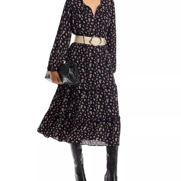 T Tahari Notch Neck Tiered Midi Long Sleeved Women’s Floral Dress Size Large - Picture 3 of 6
